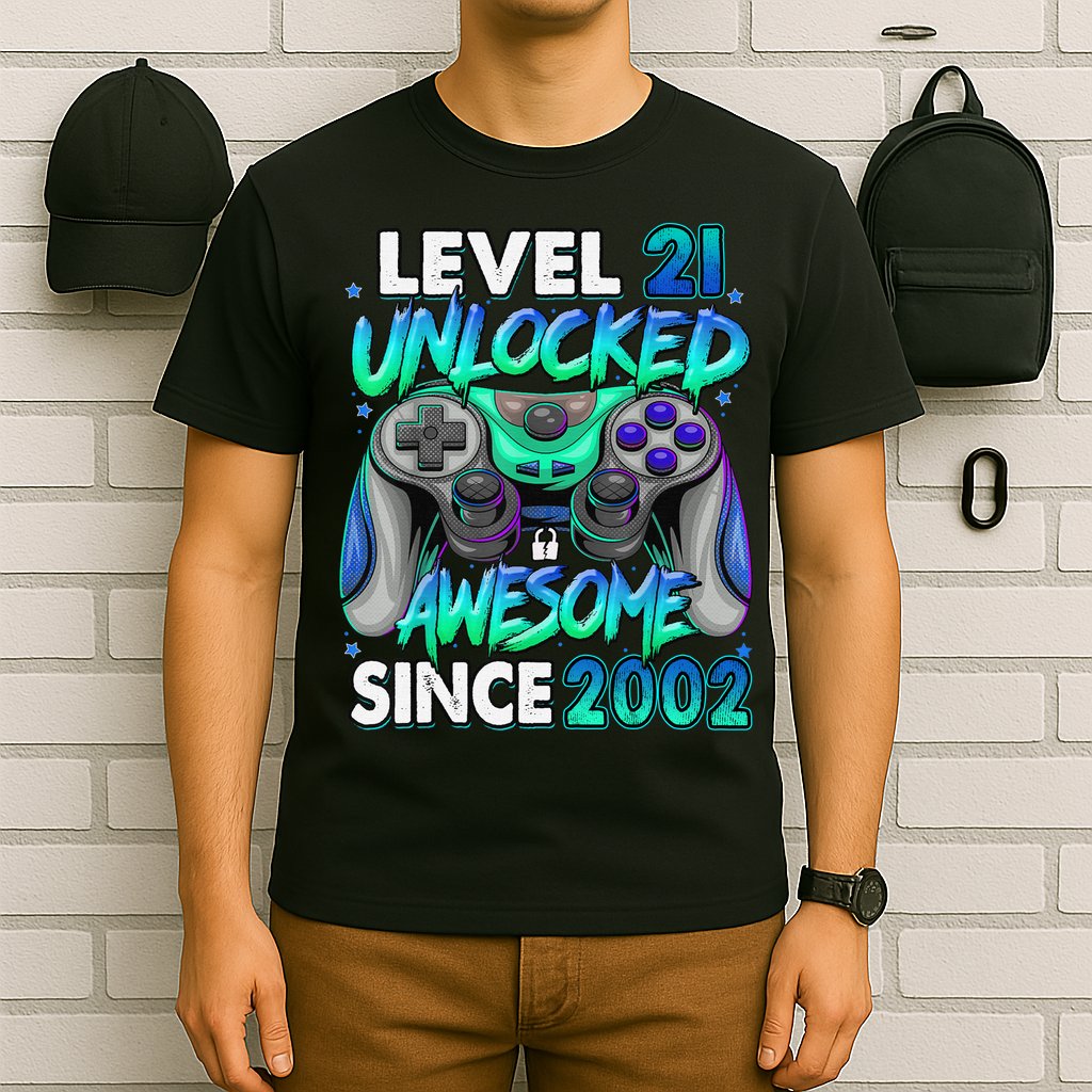 21st Gaming Birthday gift Level 21 Unlocked Awesome Video Game 2002 Birthday T-Shirt