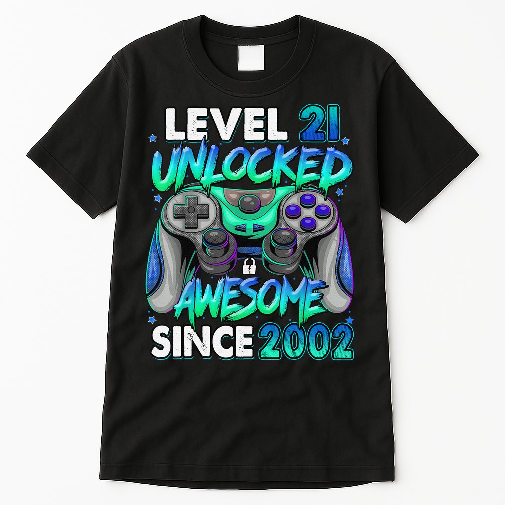 21st Gaming Birthday gift Level 21 Unlocked Awesome Video Game 2002 Birthday Tall T-Shirt