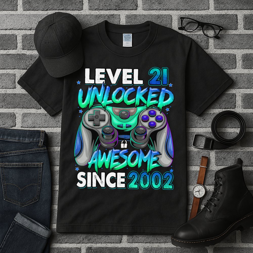 21st Gaming Birthday gift Level 21 Unlocked Awesome Video Game 2002 Birthday Tall T-Shirt