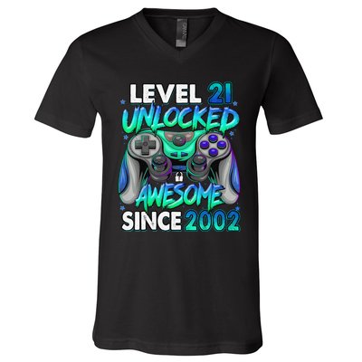 21st Gaming Birthday gift Level 21 Unlocked Awesome Video Game 2002 Birthday V-Neck T-Shirt