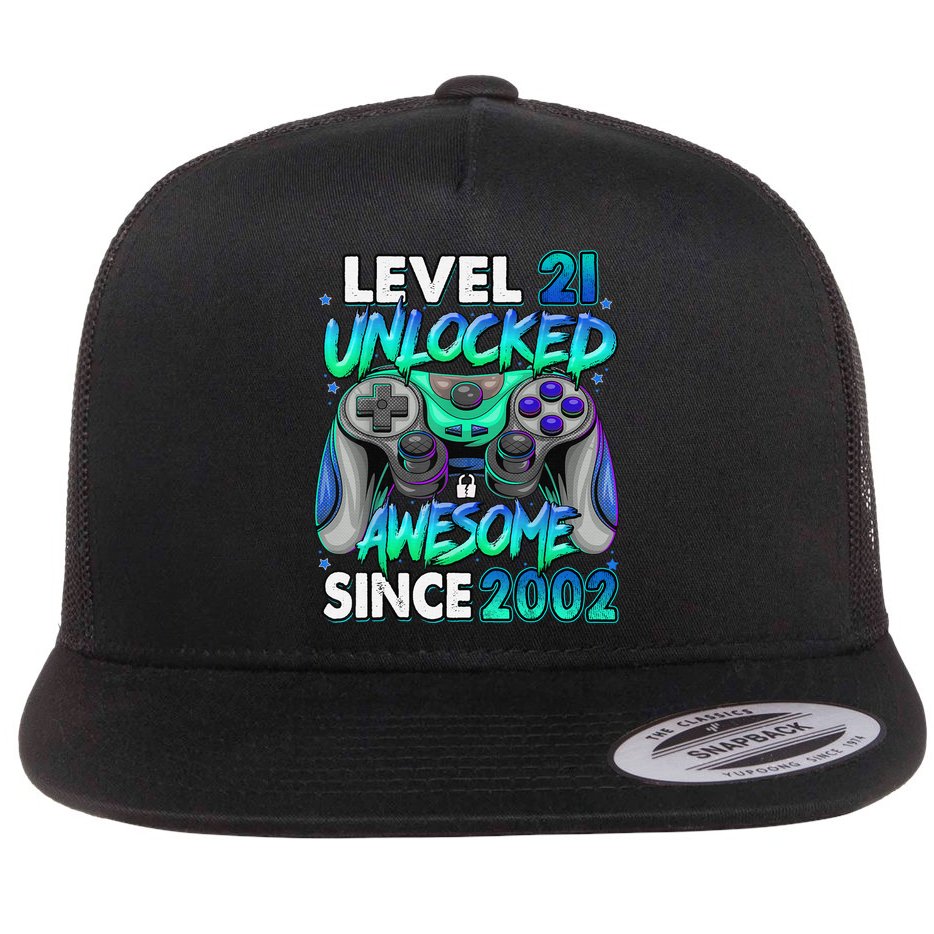 21st Gaming Birthday gift Level 21 Unlocked Awesome Video Game 2002 Birthday Flat Bill Trucker Hat