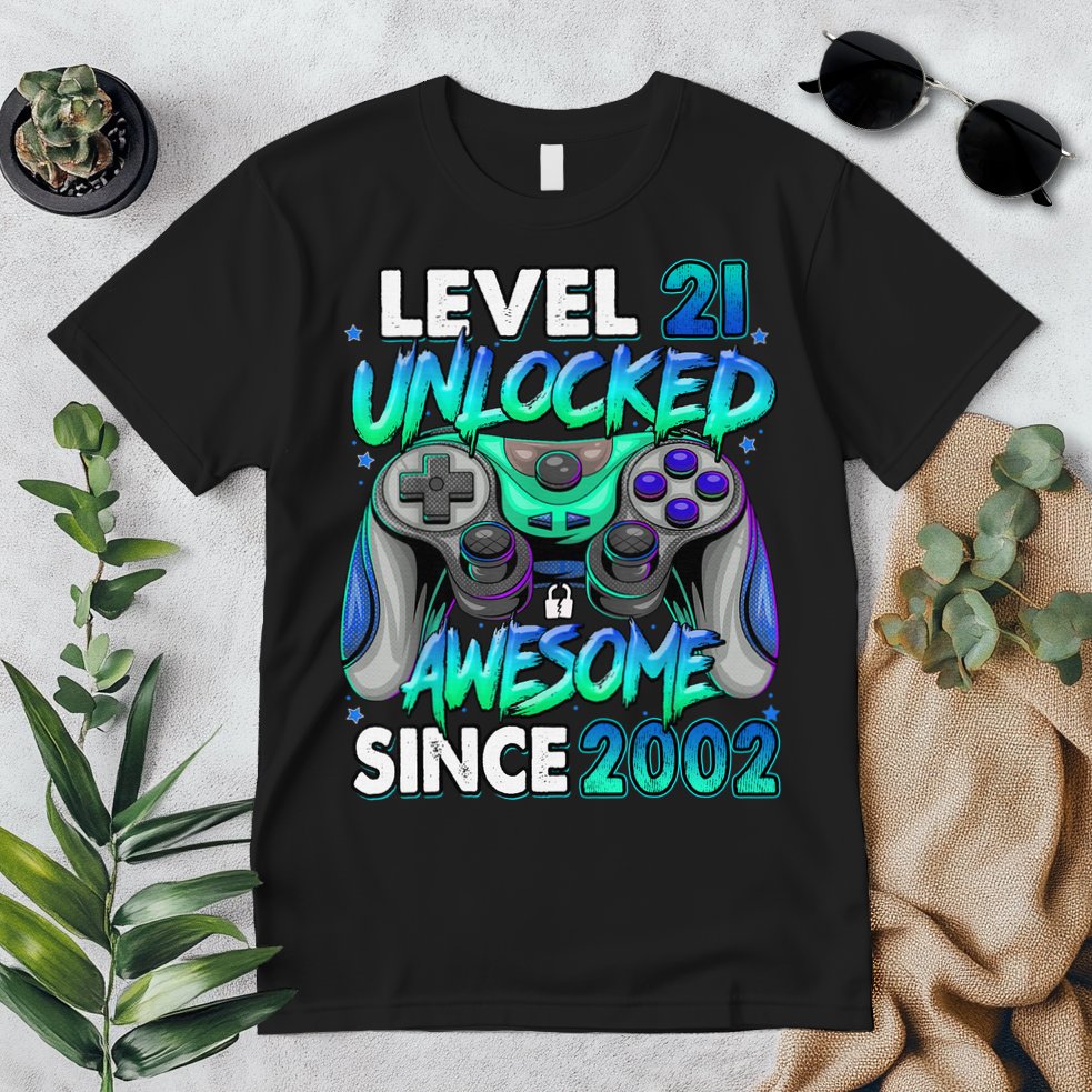 21st Gaming Birthday gift Level 21 Unlocked Awesome Video Game 2002 Birthday Premium T-Shirt