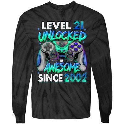 21st Gaming Birthday gift Level 21 Unlocked Awesome Video Game 2002 Birthday Tie-Dye Long Sleeve Shirt