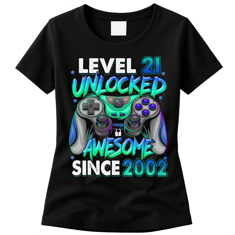21st Gaming Birthday gift Level 21 Unlocked Awesome Video Game 2002 Birthday Womens T-Shirt