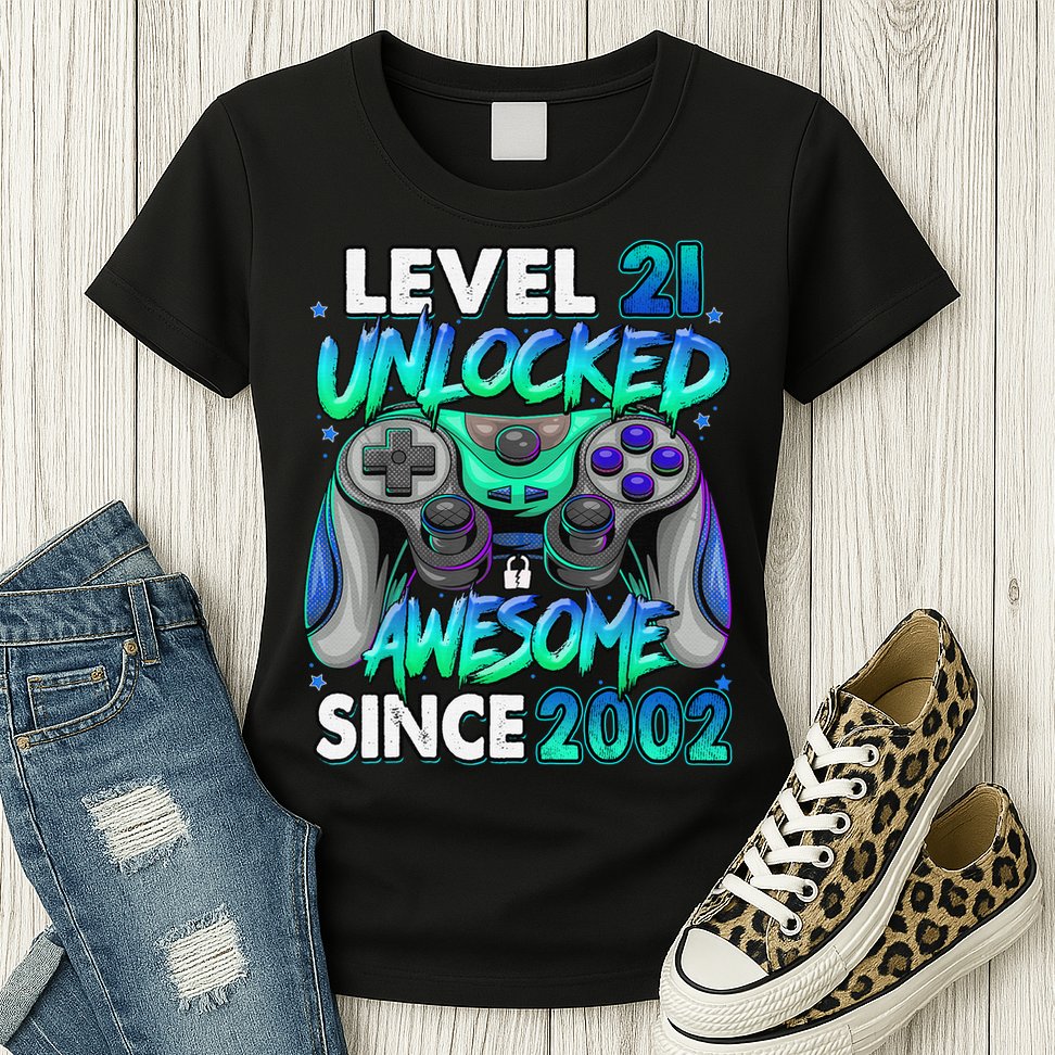 21st Gaming Birthday gift Level 21 Unlocked Awesome Video Game 2002 Birthday Womens T-Shirt
