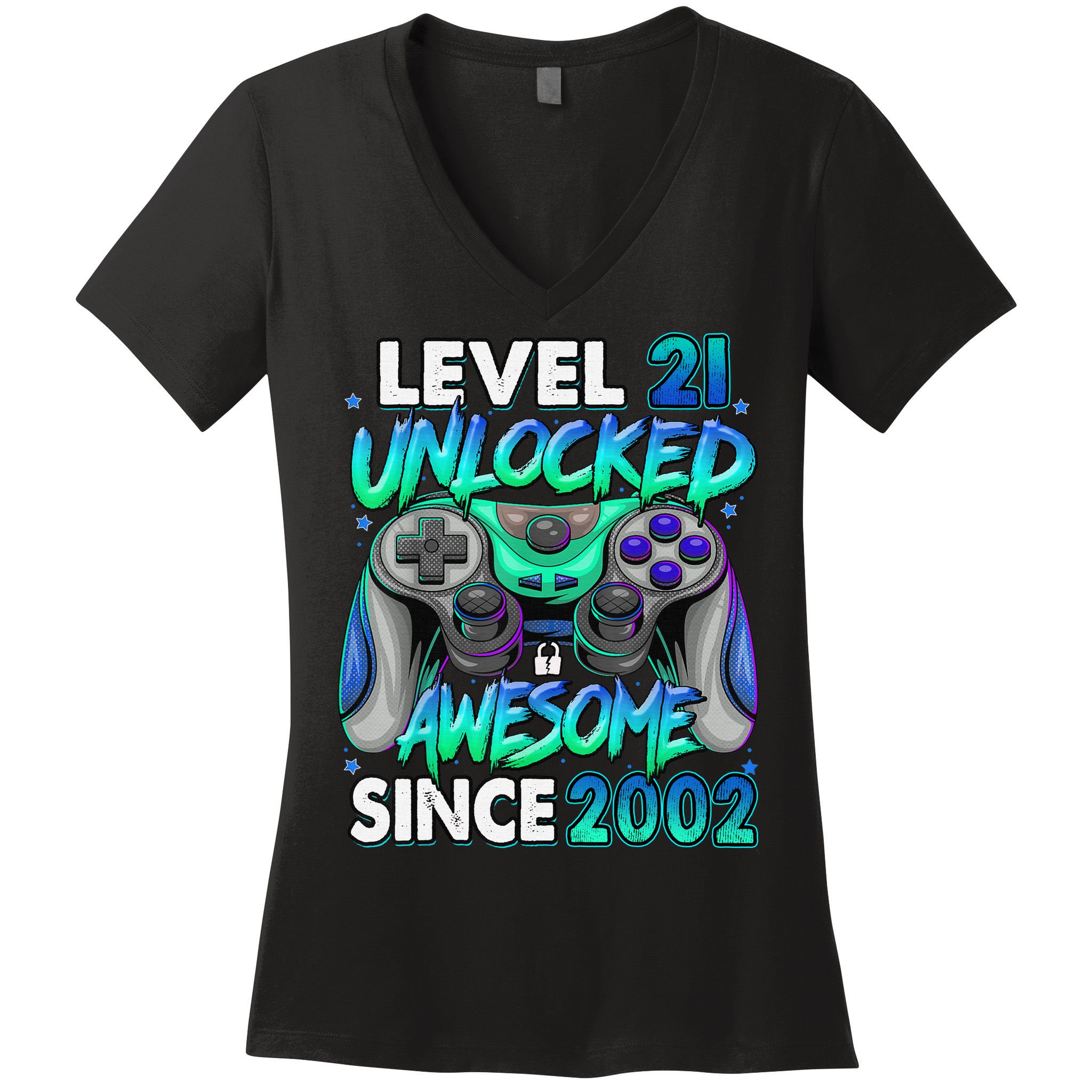21st Gaming Birthday gift Level 21 Unlocked Awesome Video Game 2002 Birthday Women's V-Neck T-Shirt