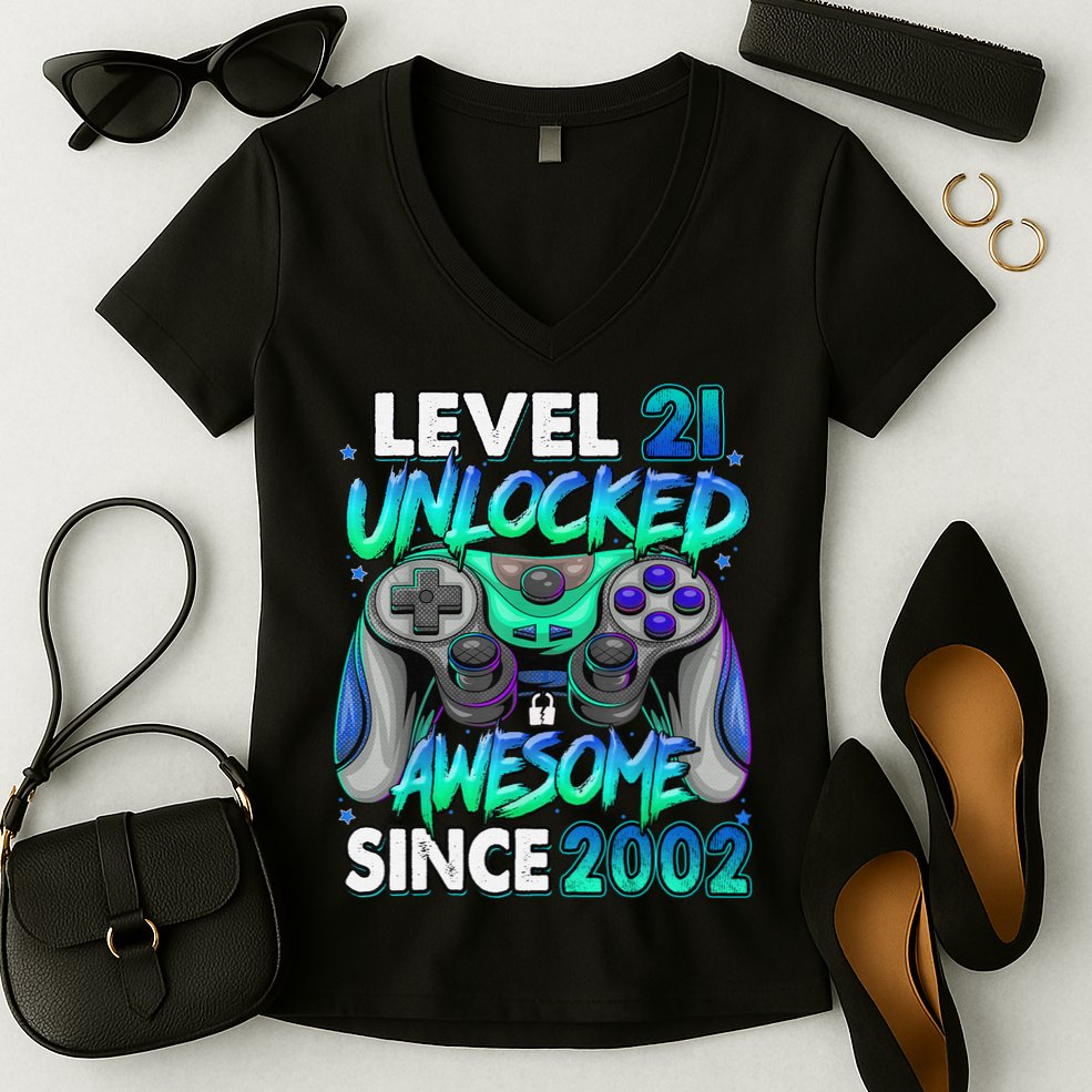 21st Gaming Birthday gift Level 21 Unlocked Awesome Video Game 2002 Birthday Women's V-Neck T-Shirt
