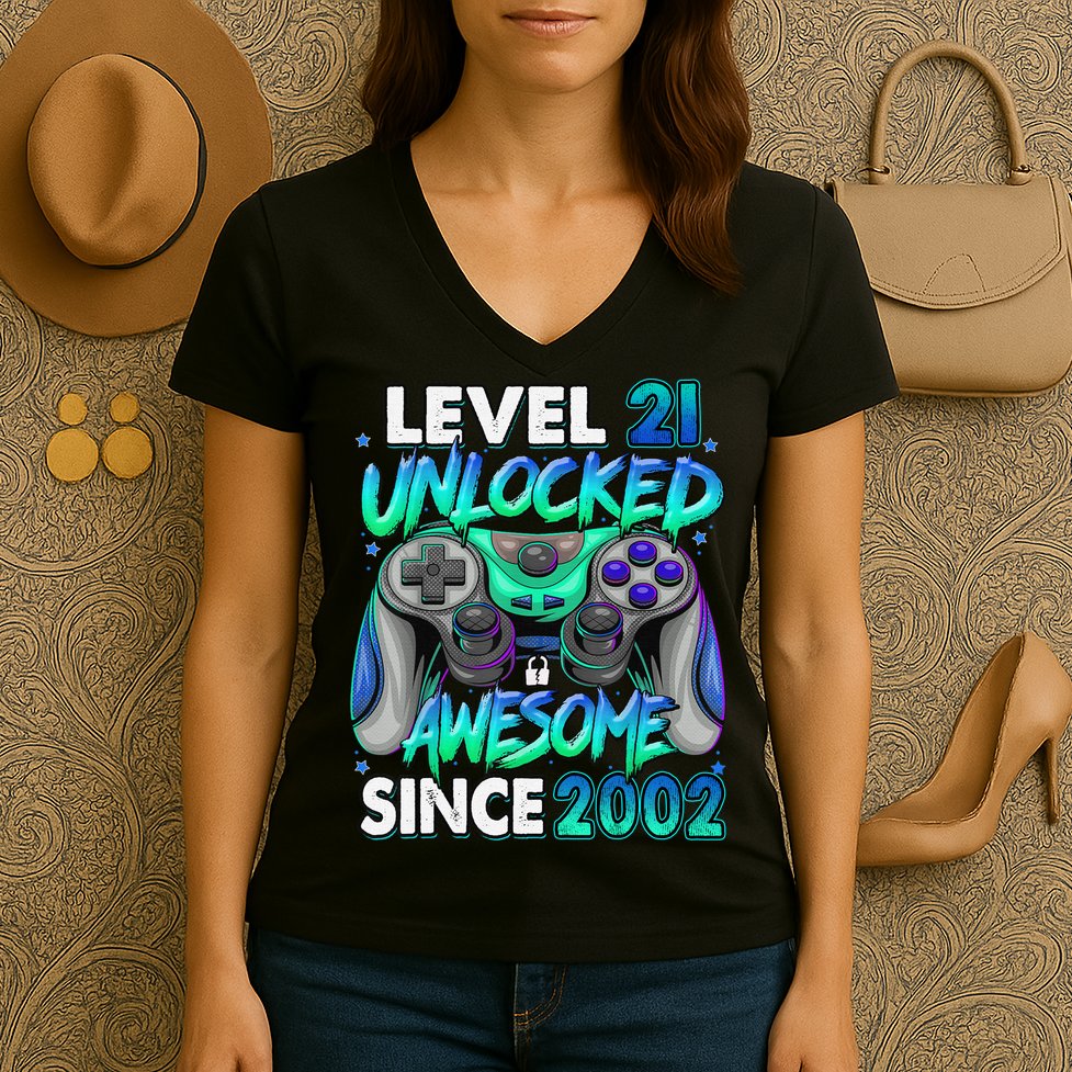21st Gaming Birthday gift Level 21 Unlocked Awesome Video Game 2002 Birthday Women's V-Neck T-Shirt