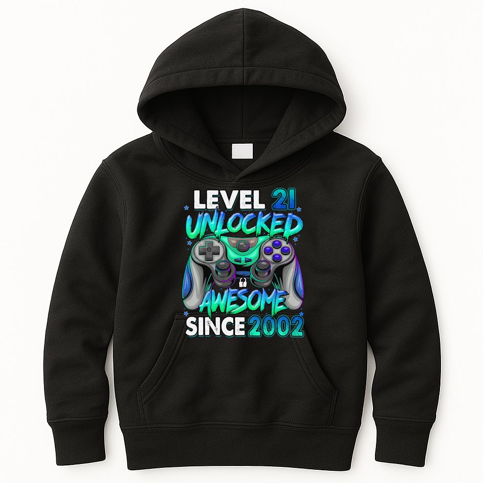 21st Gaming Birthday gift Level 21 Unlocked Awesome Video Game 2002 Birthday Kids Hoodie