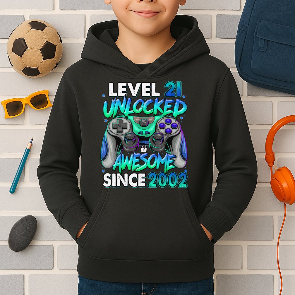 21st Gaming Birthday gift Level 21 Unlocked Awesome Video Game 2002 Birthday Kids Hoodie
