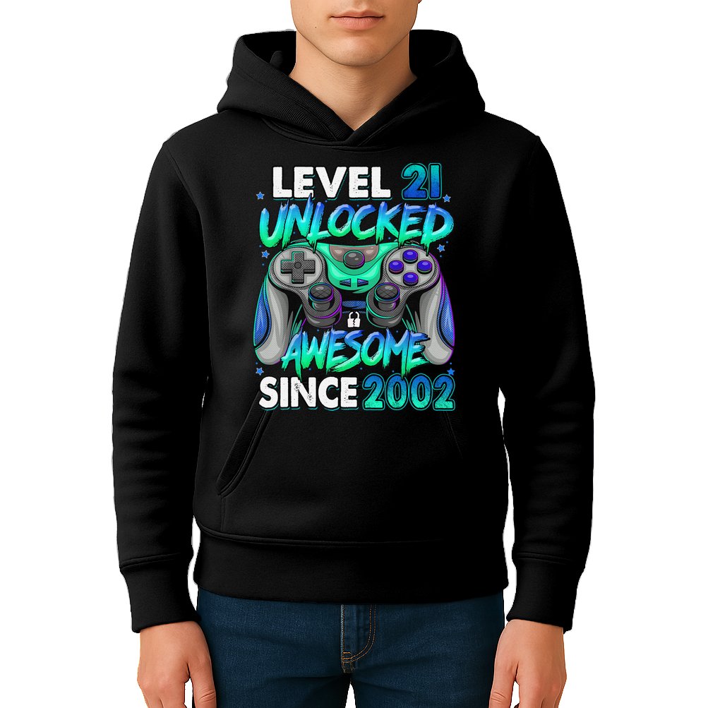 21st Gaming Birthday gift Level 21 Unlocked Awesome Video Game 2002 Birthday Kids Hoodie