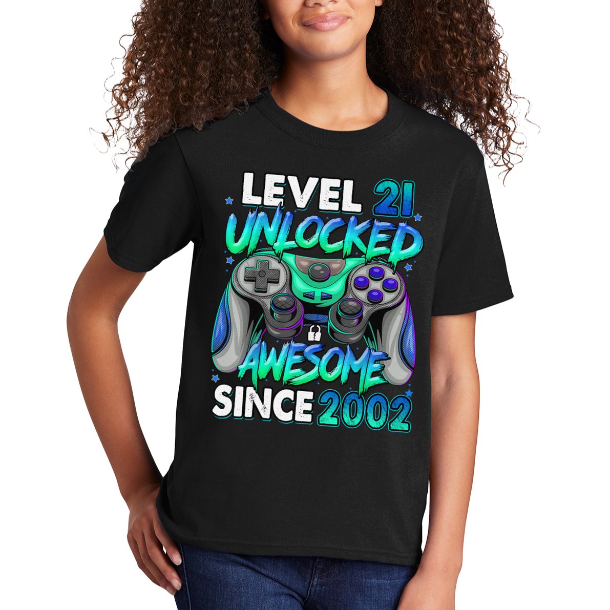 21st Gaming Birthday gift Level 21 Unlocked Awesome Video Game 2002 Birthday Kids T-Shirt