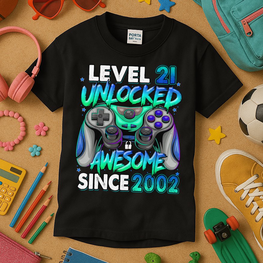 21st Gaming Birthday gift Level 21 Unlocked Awesome Video Game 2002 Birthday Kids T-Shirt