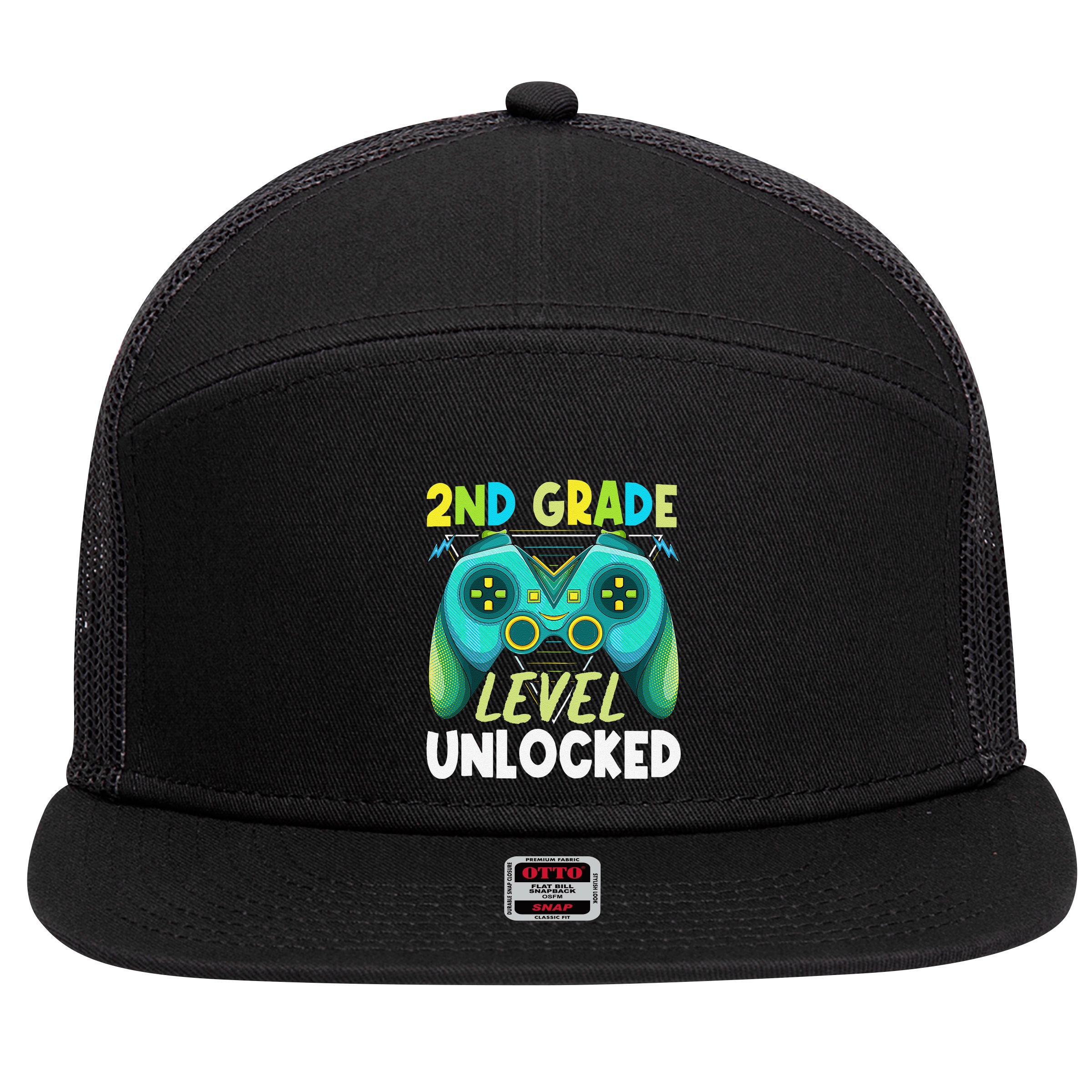 2nd Grade Level Unlocked First Day Back To School 7 Panel Mesh Trucker Snapback Hat