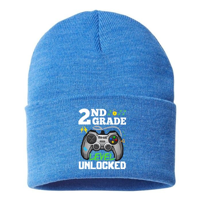 2Nd Grade Level Unlocked Video Game Team Second Grade Gift Sustainable Knit Beanie