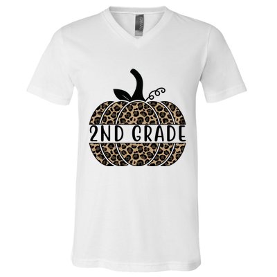 2nd Grade Leopard Pumpkin V-Neck T-Shirt