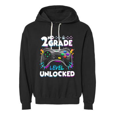 2nd Grade Level Unlocked Back To School First Day Gamer Boy Garment-Dyed Fleece Hoodie