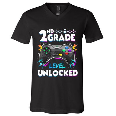 2nd Grade Level Unlocked Back To School First Day Gamer Boy V-Neck T-Shirt