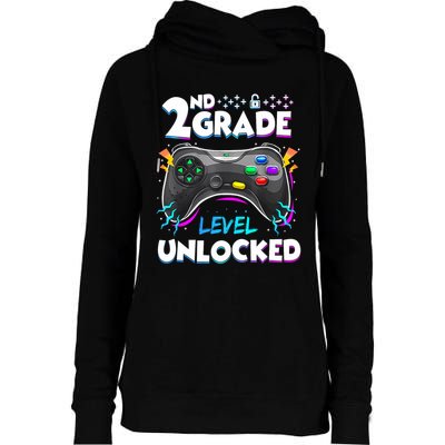 2nd Grade Level Unlocked Back To School First Day Gamer Boy Womens Funnel Neck Pullover Hood