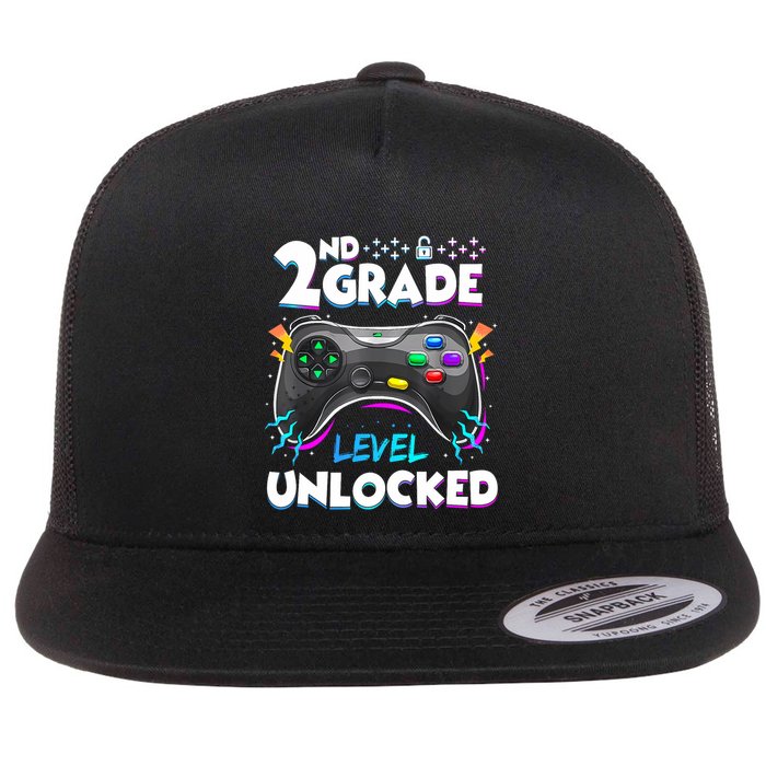 2nd Grade Level Unlocked Back To School First Day Gamer Boy Flat Bill Trucker Hat