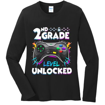 2nd Grade Level Unlocked Back To School First Day Gamer Boy Ladies Long Sleeve Shirt