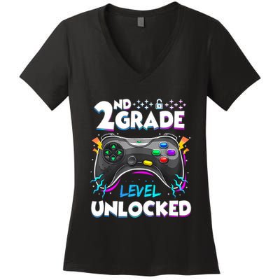 2nd Grade Level Unlocked Back To School First Day Gamer Boy Women's V-Neck T-Shirt