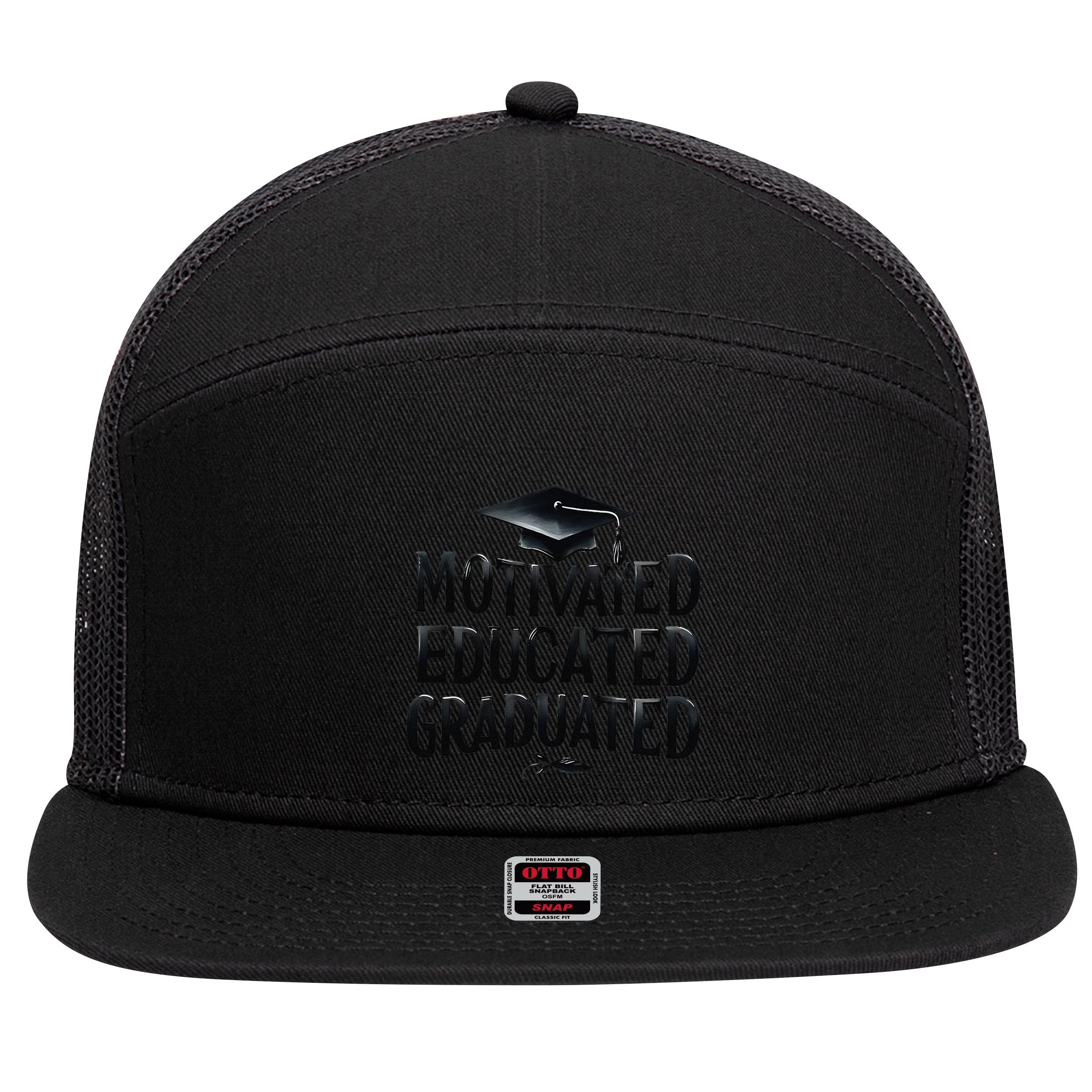 2025 Graduation Motivated Educated Graduated 7 Panel Mesh Trucker Snapback Hat