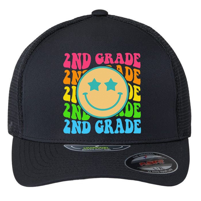 2nd Grade Teachers Back To School Retro Face Happy First Day Flexfit Unipanel Trucker Cap