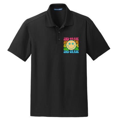 2nd Grade Teachers Back To School Retro Face Happy First Day Dry Zone Grid Polo
