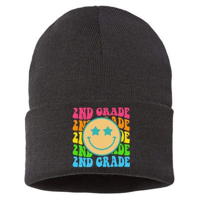 2nd Grade Teachers Back To School Retro Face Happy First Day Sustainable Knit Beanie