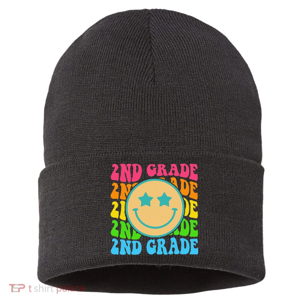 2nd Grade Teachers Back To School Retro Face Happy First Day Sustainable Knit Beanie