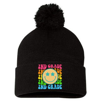 2nd Grade Teachers Back To School Retro Face Happy First Day Pom Pom 12in Knit Beanie