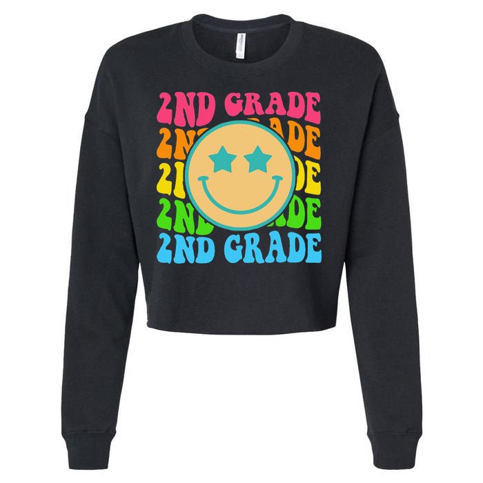 2nd Grade Teachers Back To School Retro Face Happy First Day Cropped Pullover Crew
