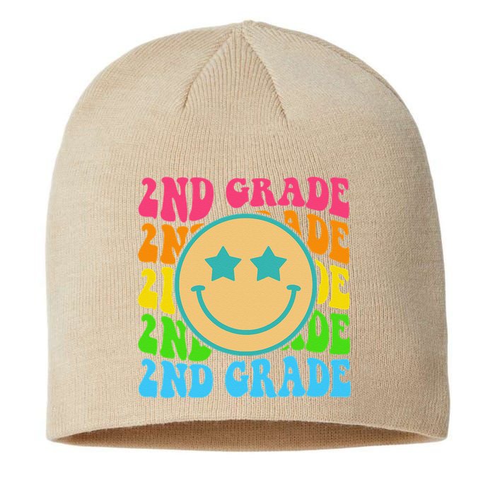 2nd Grade Teachers Back To School Retro Face Happy First Day Sustainable Beanie