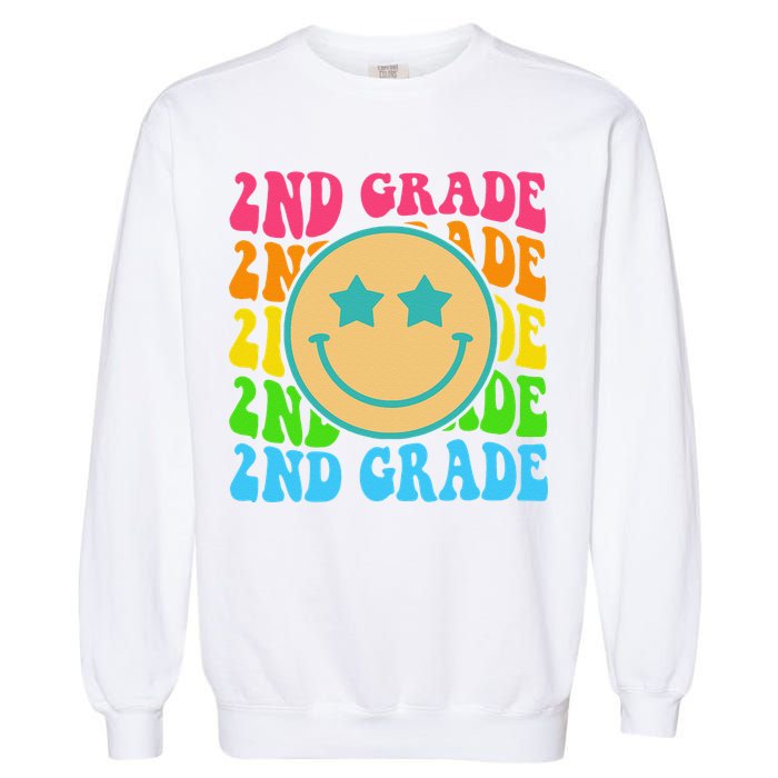 2nd Grade Teachers Back To School Retro Face Happy First Day Garment-Dyed Sweatshirt