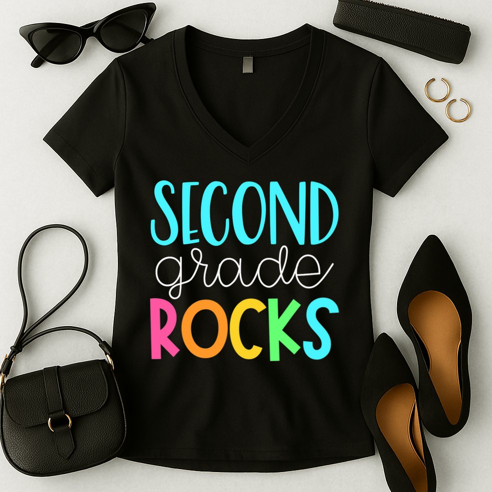 2nd grade teacher, second grade rocks Women's V-Neck T-Shirt