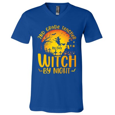 2Nd Grade Teacher By Day Witch By Night Teacher Halloween Funny Gift V-Neck T-Shirt