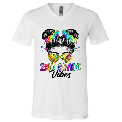 2nd Grade Vibes Messy Bun Second Grade Back To School V-Neck T-Shirt