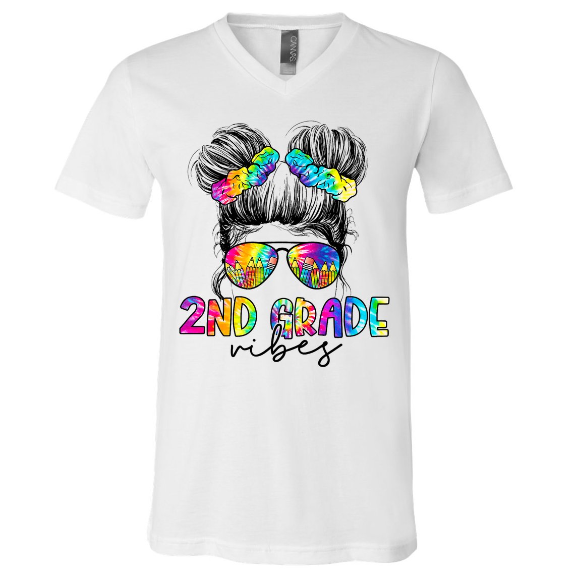 2nd Grade Vibes Messy Hair Bun Girl Back To School First Day Of Second Grade V-Neck T-Shirt
