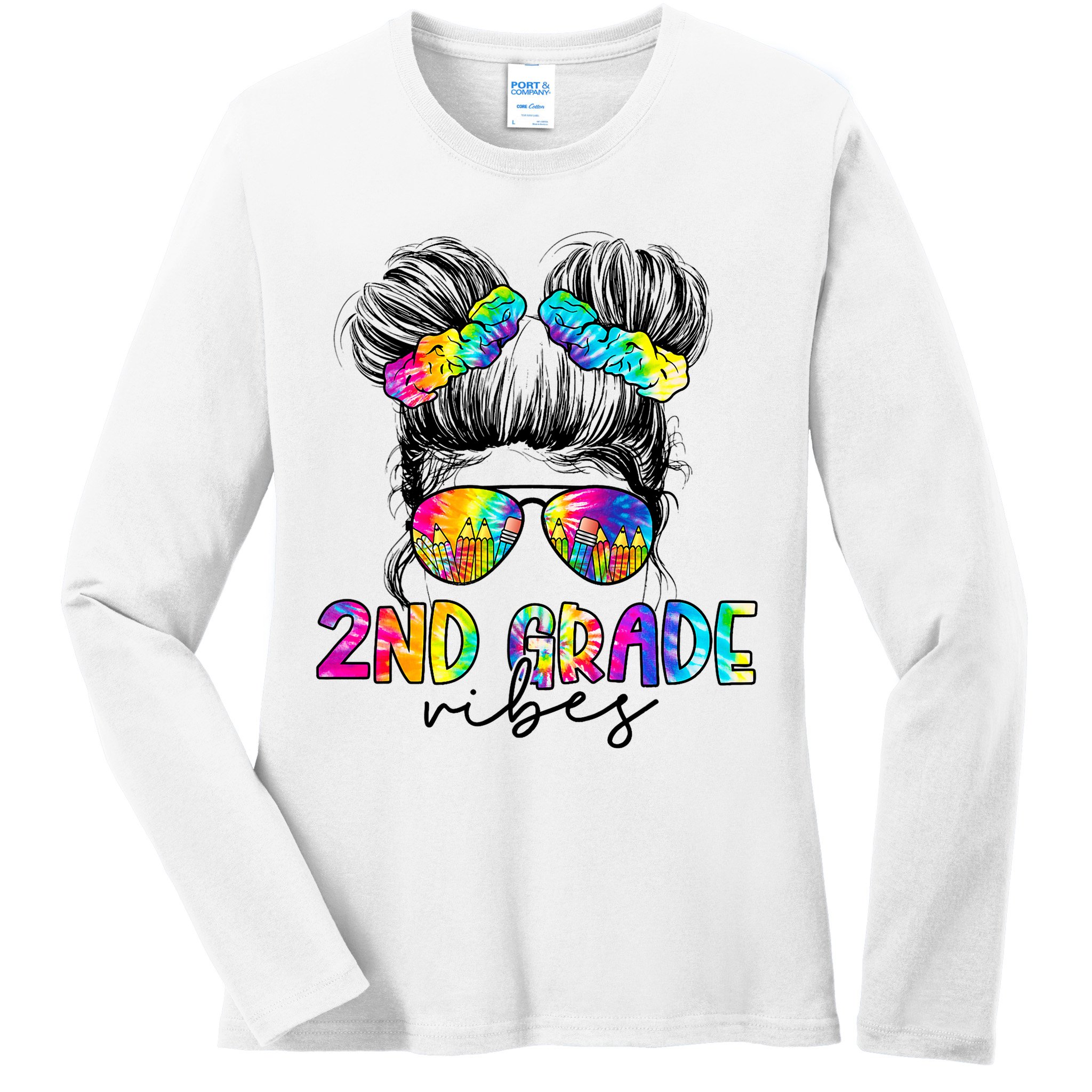 2nd Grade Vibes Messy Hair Bun Girl Back To School First Day Of Second Grade Ladies Long Sleeve Shirt