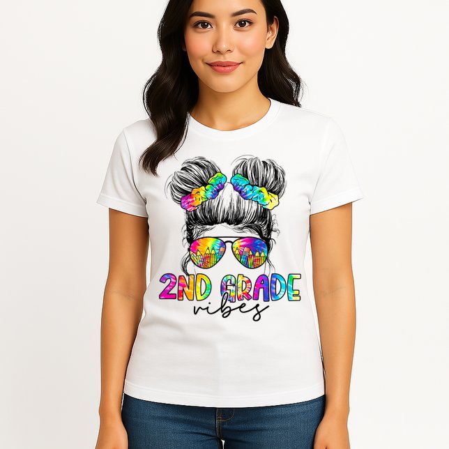 2nd Grade Vibes Messy Hair Bun Girl Back To School First Day Of Second Grade Womens T-Shirt