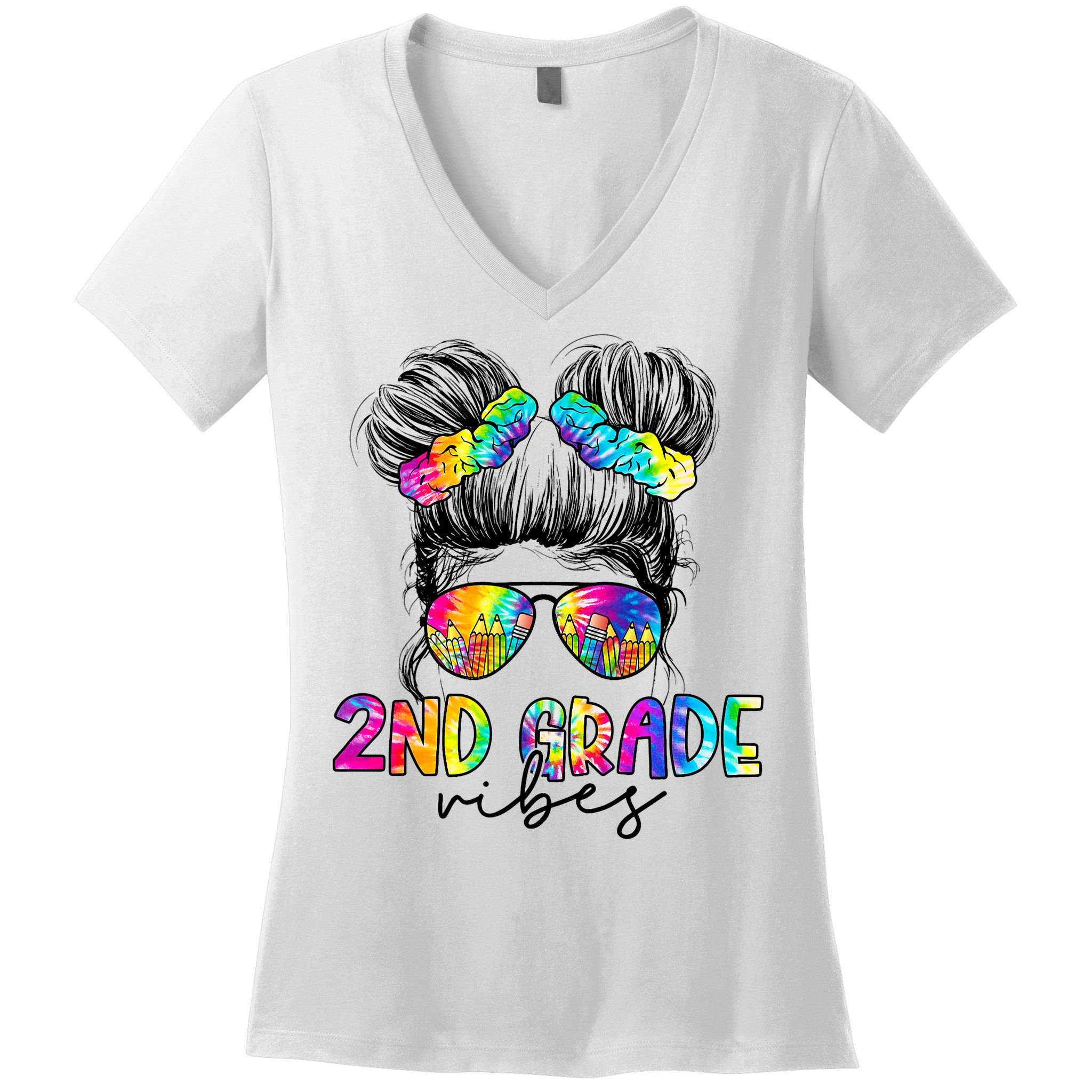 2nd Grade Vibes Messy Hair Bun Girl Back To School First Day Of Second Grade Women's V-Neck T-Shirt