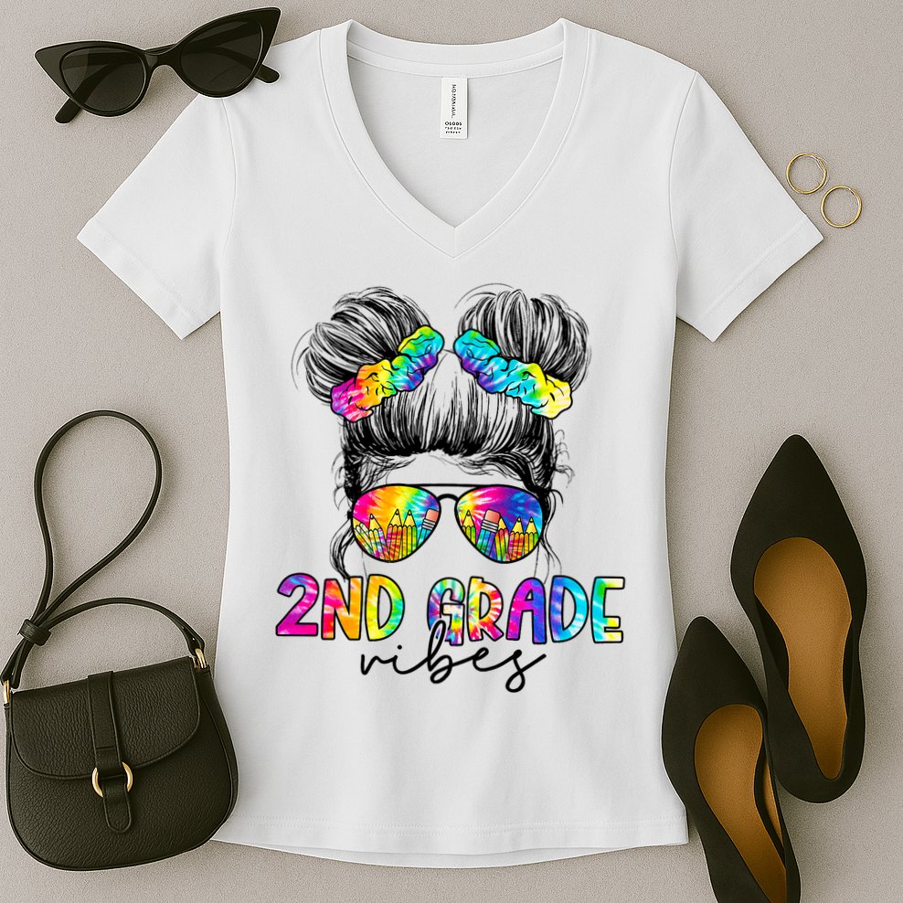 2nd Grade Vibes Messy Hair Bun Girl Back To School First Day Of Second Grade Women's V-Neck T-Shirt