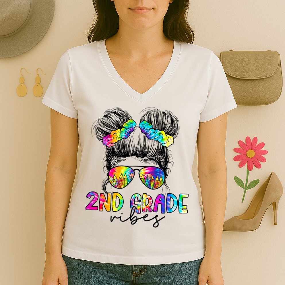 2nd Grade Vibes Messy Hair Bun Girl Back To School First Day Of Second Grade Women's V-Neck T-Shirt