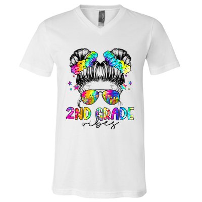 2nd Grade Vibes Messy Bun Second Grade Back To School V-Neck T-Shirt