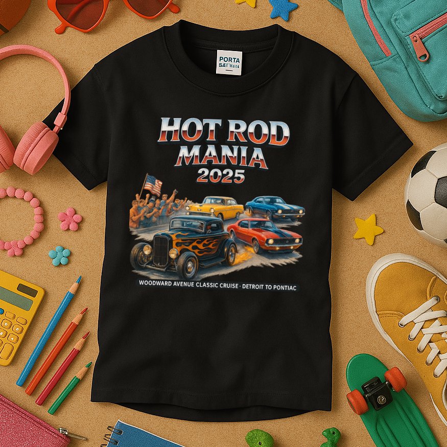 2025 Hot Rod Mania Cruise Woodward Ave Classic Cars Kids T-Shirt
