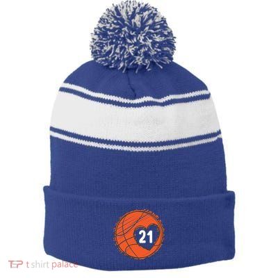 #21 Number 21 Basketball Graphic Saying Ball Bball Cute Gift Stripe Pom Pom Beanie