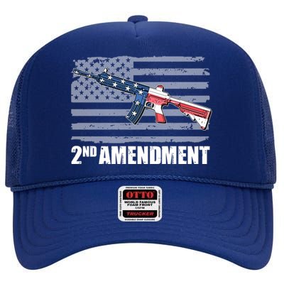 2nd Amendment Distressed American Flag High Crown Mesh Back Trucker Hat