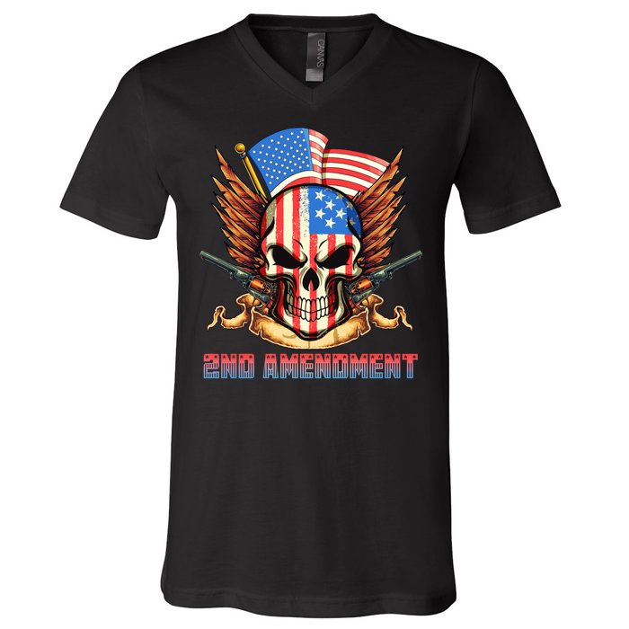 2nd Amendment USA Patriotic Skull V-Neck T-Shirt