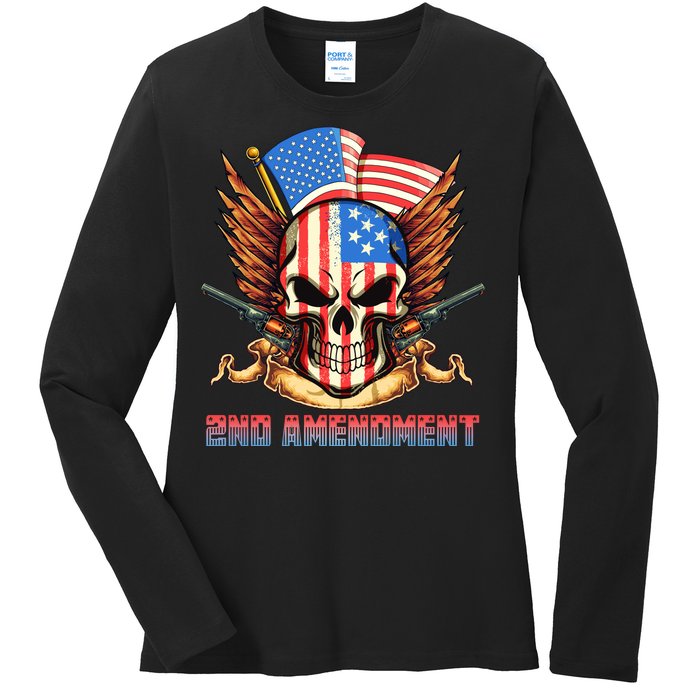 2nd Amendment USA Patriotic Skull Ladies Long Sleeve Shirt